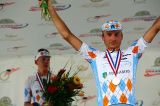 Danny Pate celebrates his silver medal at the 2007 US time trial championships, while Slipstream teammate Timmy Duggan – in the background – took bronze