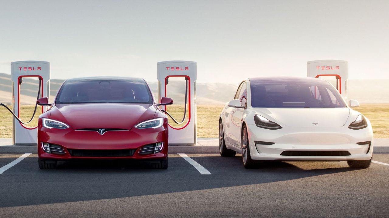 The Tesla Model S and Model 3 side-by-side charging at Tesla Superchargers
