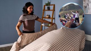 A dark haired woman folds a fitted gingham sheet. Inset, a man is seen waving a fitted sheet in the air to a cheering crowd.