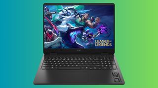 HP Omen 16 Slim front view on colored background with League of Legends promo image on display