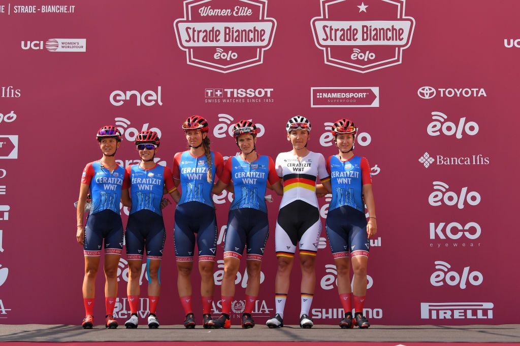 SIENA ITALY AUGUST 01 Start Erica Magnaldi of Italy Lisa Brennauer of Germany Maria Giulia Confalonieri of Italy Sarah Rijkes of Austria Ane Santesteban Gonzalez of Spain Lea Lin Teutenberg of Germany and Ceratizit WNT Pro Cycling Team Covid Safe measures Team Presentation during the Eroica 6th Strade Bianche 2020 Women Elite a 136km race from Siena to Siena Piazza del Campo StradeBianche on August 01 2020 in Siena Italy Photo by Luc ClaessenGetty Images