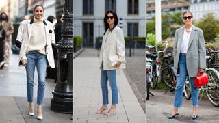 A composite of street style influencers wearing skinny jeans and a blazer