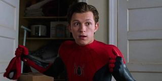 Peter Parker (Tom Holland) leaves an awkward situation in Spider-Man: Far From Home (2019)