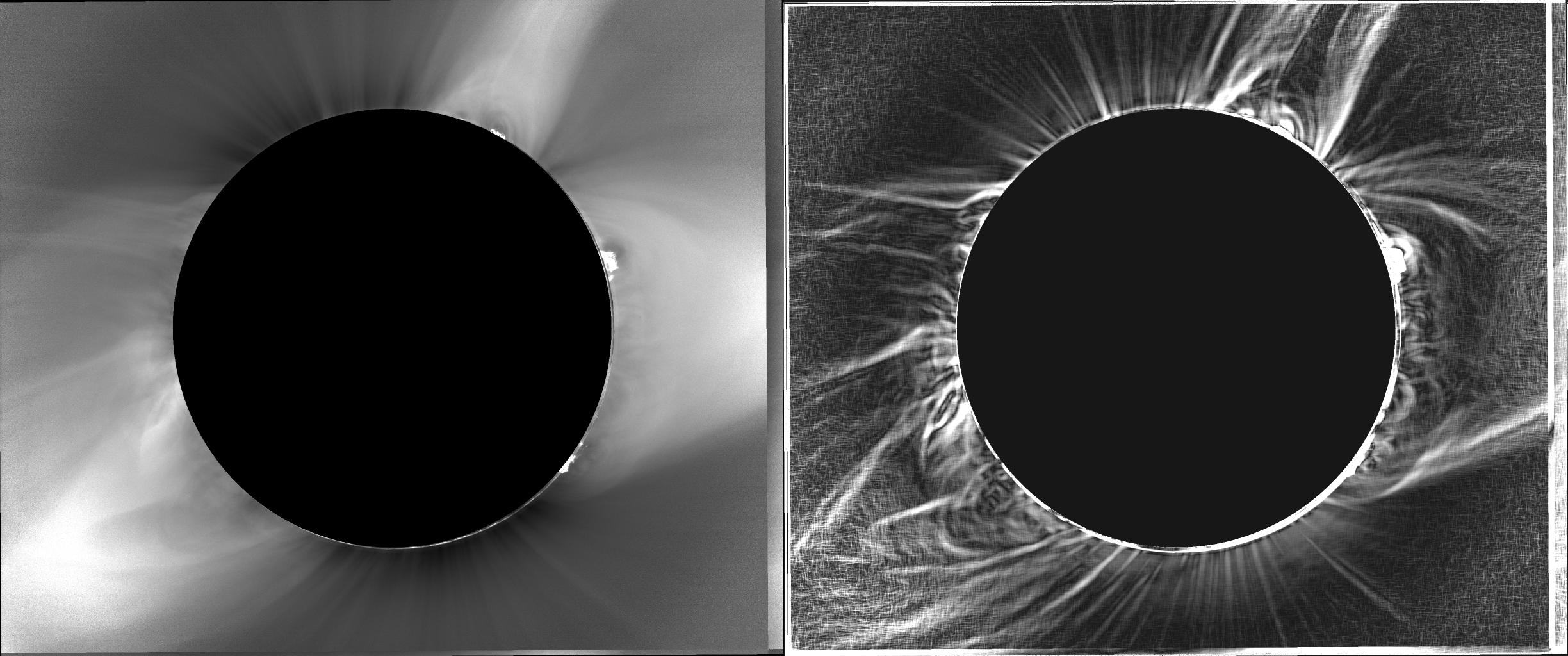 two grey-scale solar eclipses in a split, side by side image