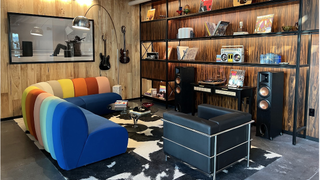 An image from the office lobby seating with an emphasis on Atlanta's musical history due to the boomboxes and guitars present