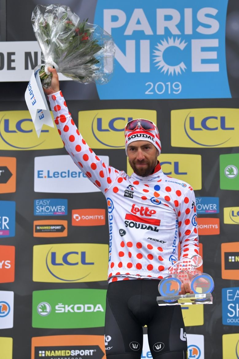 Polka dot jersey winner Thomas De Gendt on the podium