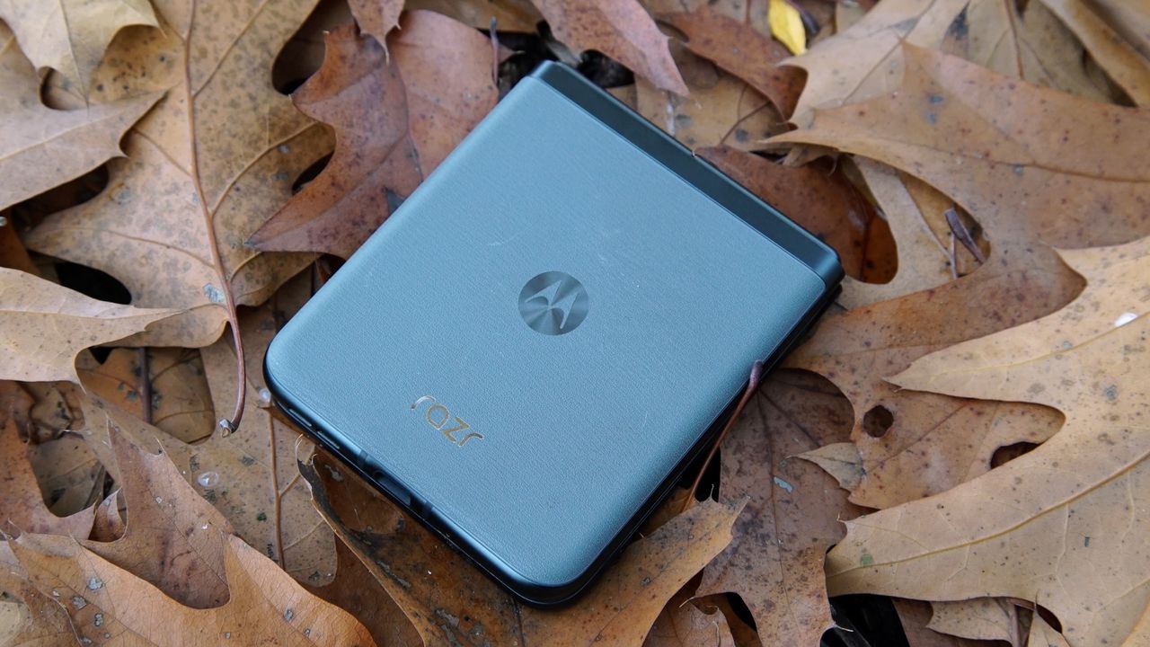 The Razr 2023 face down on a pile of leaves