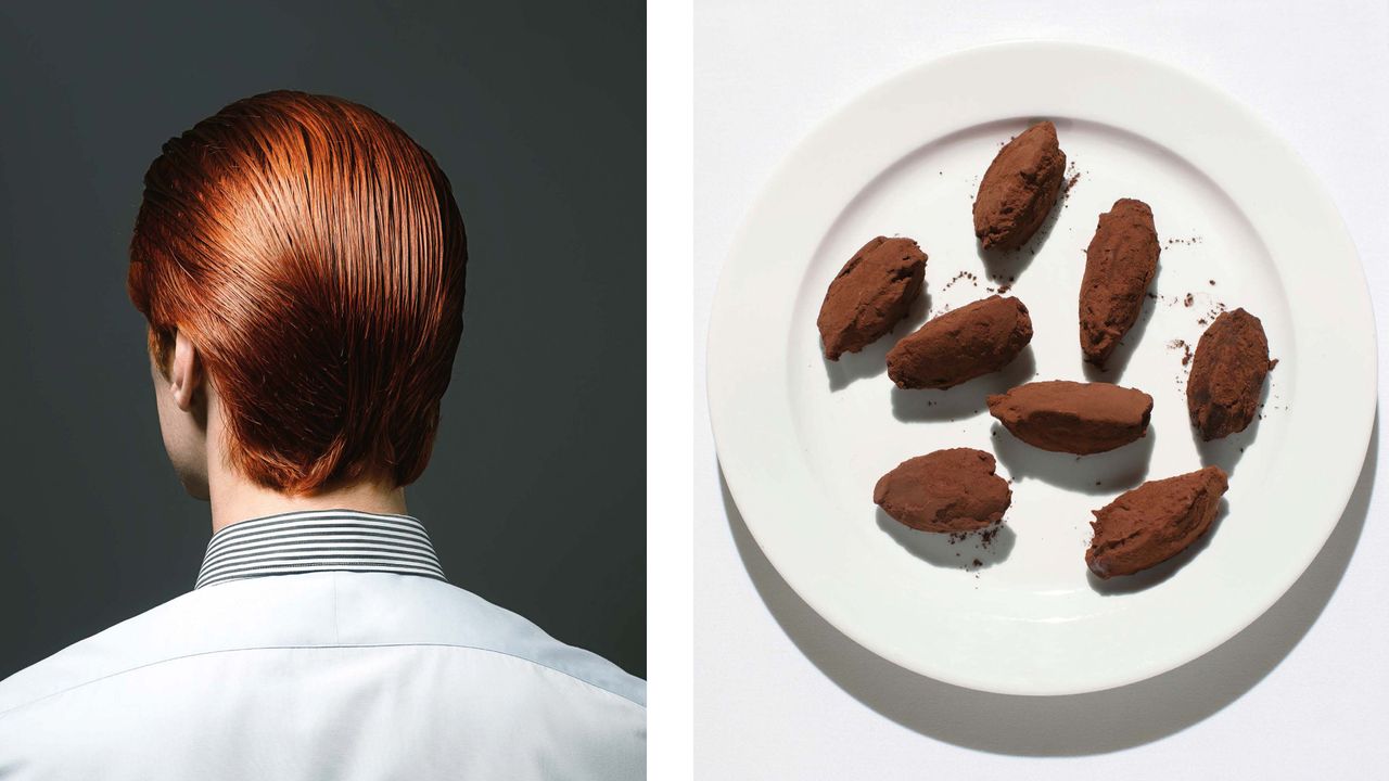 Image pairing showing man&#039;s red hair and plate of chocolate truffles