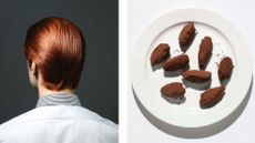 Image pairing showing man's red hair and plate of chocolate truffles