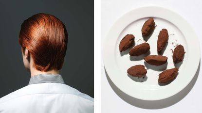 Image pairing showing man's red hair and plate of chocolate truffles