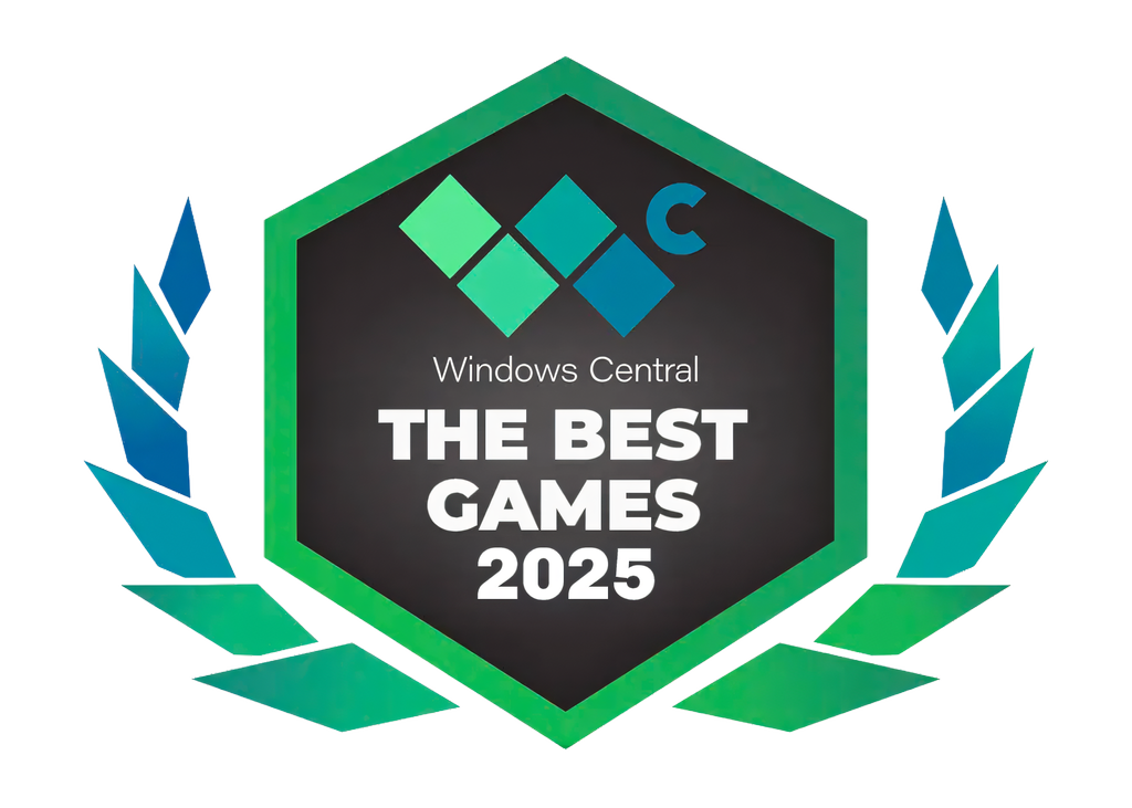 A green hexagon-shaped badge with green laurels circling the base. Inside the hexagon it says "Windows Central The Best Games 2025."