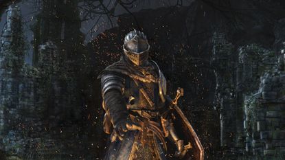 Dark Souls' Chosen Undead stands in front of a campfire.
