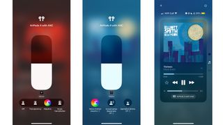Apple AirPods 4 with ANC showing volume and noise mode settings on three iPhone screens