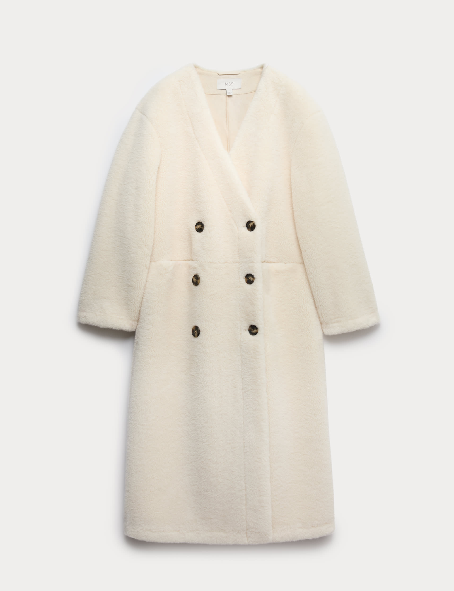Borg Collarless Double Breasted Longline Coat