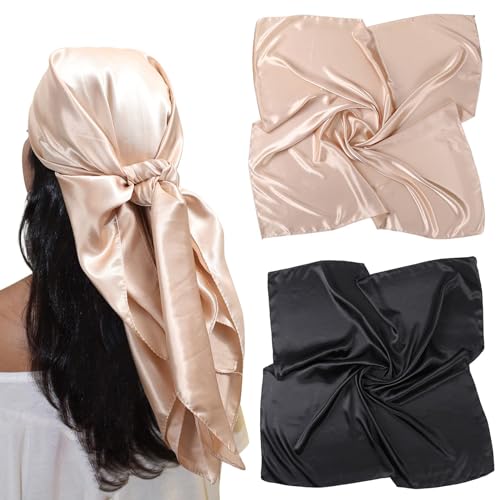 Awaytr 35&amp;rdquo; Large Satin Square Head Scarf - 2pcs Silk Like Floral Head Scarves Square Satin Hair Scarf Bandanas for Women (solid Color(black/camel))