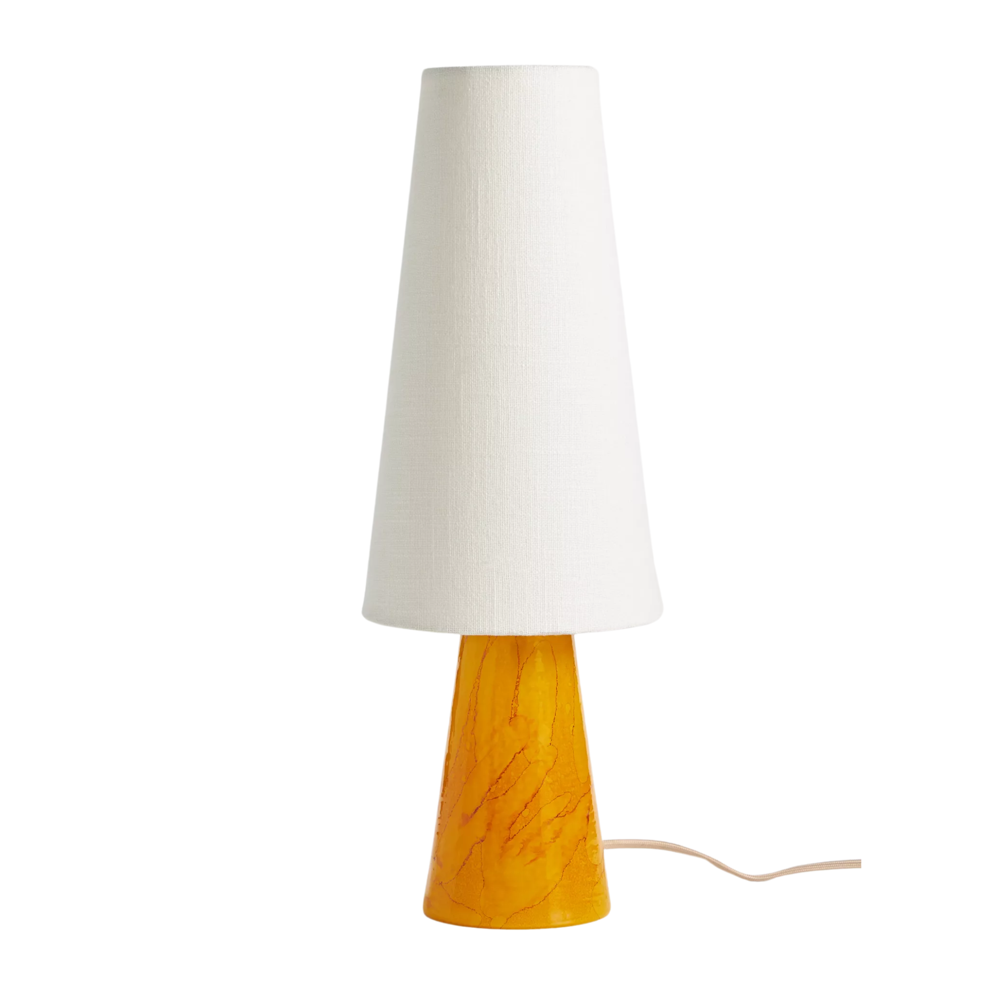 a table lamp with a bright orange base and a white fabric shade