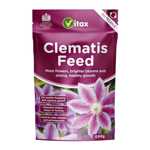Vitax Clematis Feed, Boosts Growth &amp;amp; Flowering, Specially Tailored Nutrient Mix, Suitable for Clematis, Honeysuckle, Passion Flower and Other Climbers- 900g Pouch