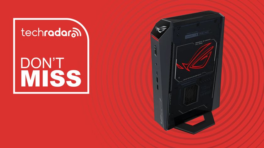 The Asus ROG NUC on a red background with a TechRadar deals tag reading &#039;DON&#039;T MISS&#039;.