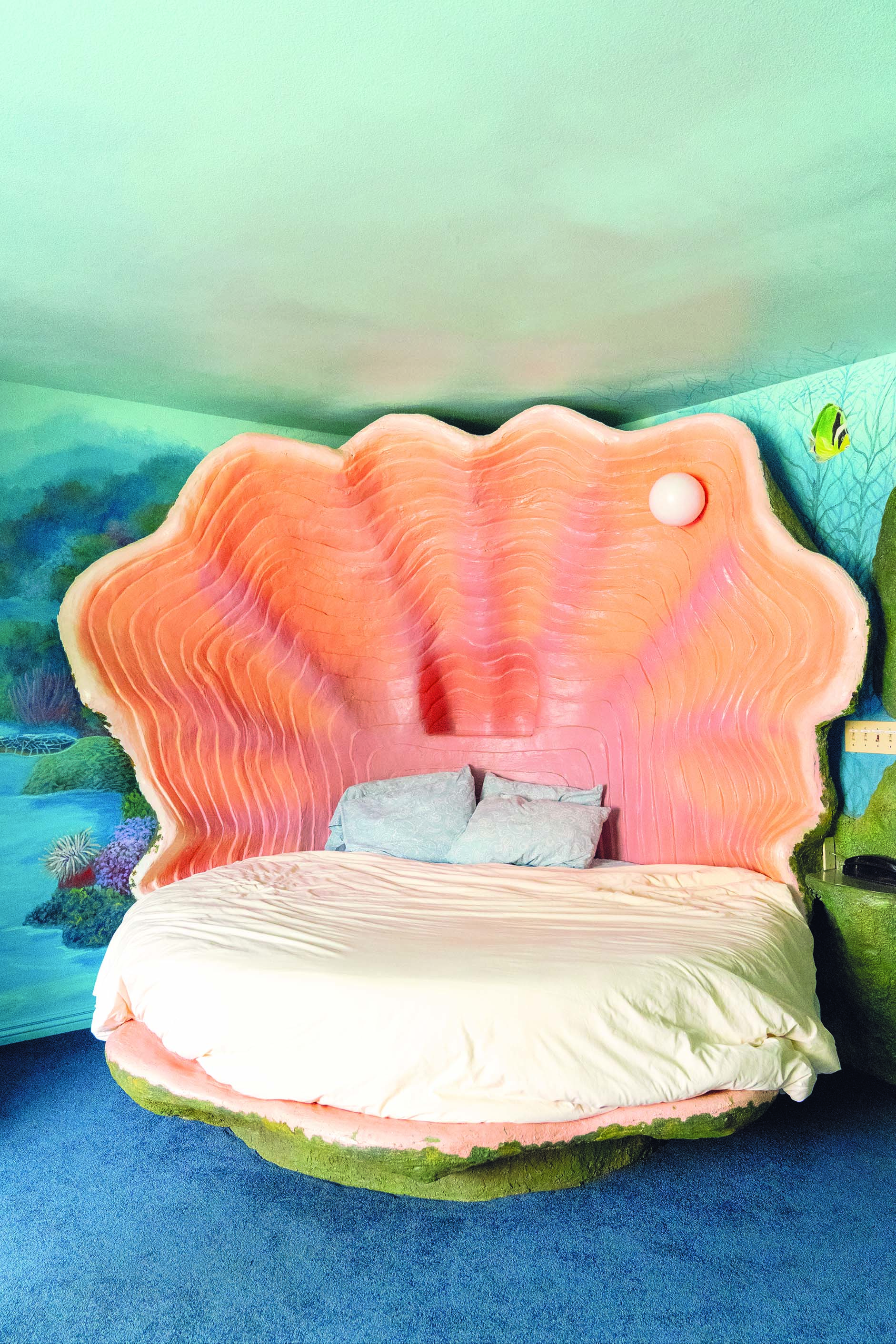 A shell-shaped bed sits in the center of a marine-themed hotle room.