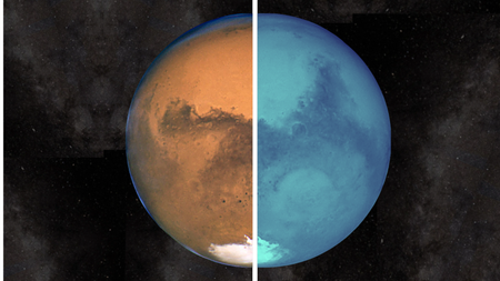 An illustration shows two faces of Mars a hot and arid watseland and as a cold water ice rich enviroment