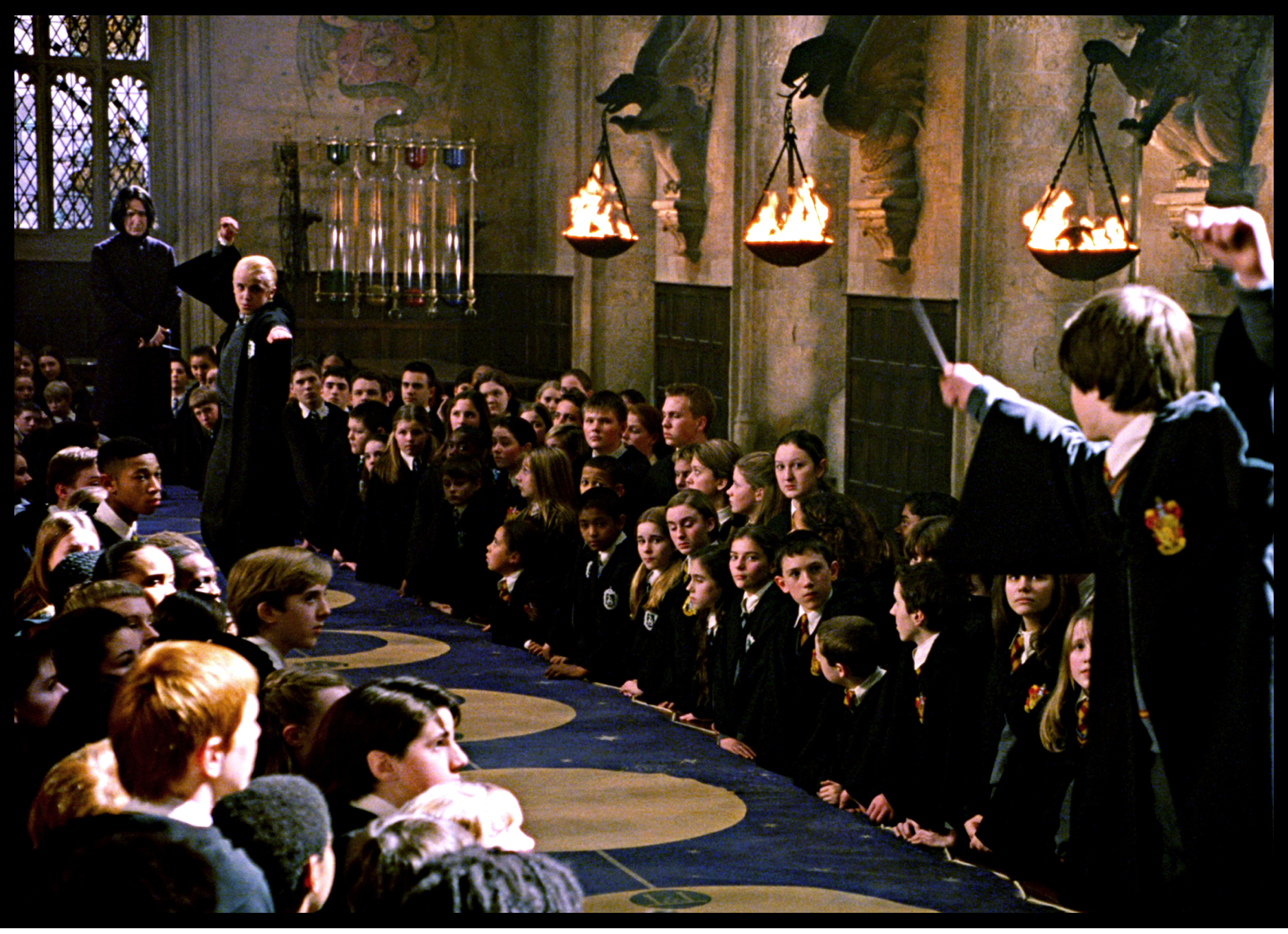 Harry Potter and Draco Malfoy duelling in the second Harry Potter film