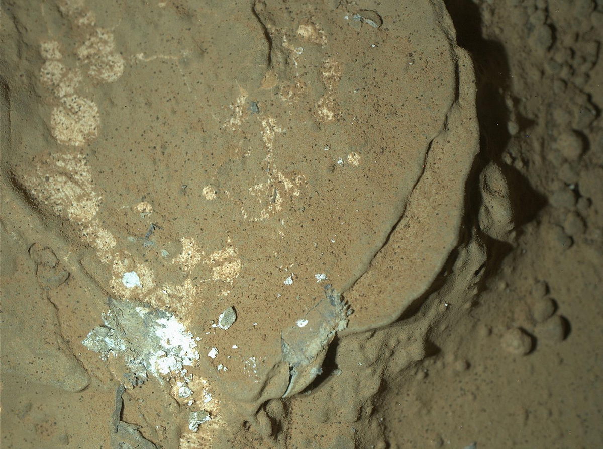 This image of a Martian rock illuminated by white-light LEDs (light emitting diodes) is part of the first set of nighttime images taken by the Mars Hand Lens Imager (MAHLI) camera at the end of the robotic arm of NASA's Mars rover Curiosity. MAHLI took the images on Jan. 22, 2012 (PST).