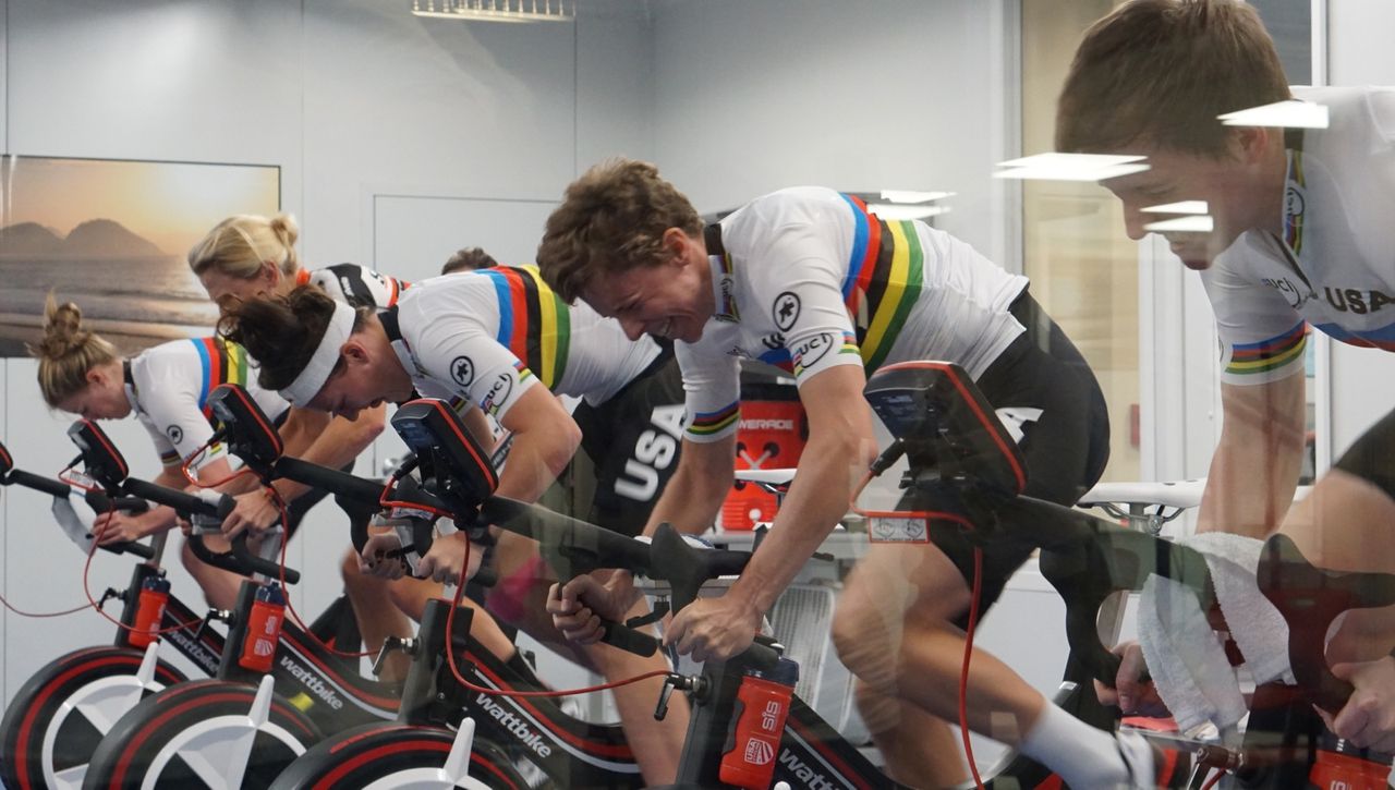 The world champs get to work inside the US Olympic Training Center's High Altitude Training Chamber. R-L in rainbow strips: Kelly Catlin, Kim Geist, Chlo&eacute; Dygert-Owen, Jenn Valente (plus Sho-Air&rsquo;s Allie Dragoo)
