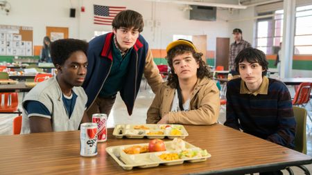 Caleb McLaughlin, Noah Schnapp, Gaten Matarazzo and Finn Wolfhard (L-R) on the set of "Stranger Things" season 5