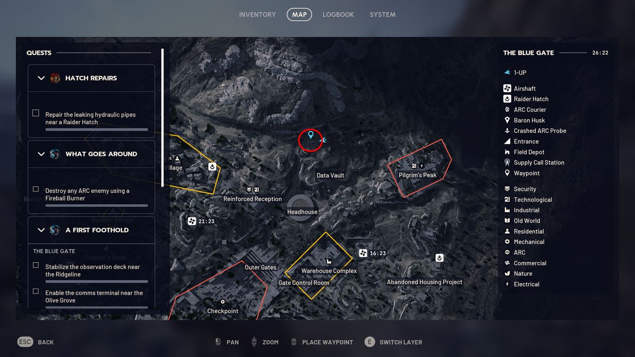 Arc Raiders A First Foothold: A map with a red circle showing the location of the quest step in the Data Vault region of Blue Gate.