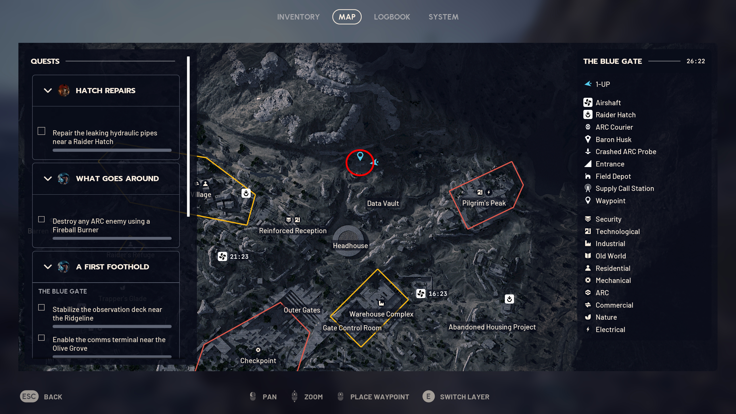 Arc Raiders A First Foothold: A map with a red circle showing the location of the quest step in the Data Vault region of Blue Gate.