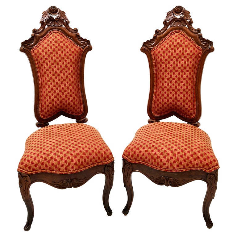 19th Century Walnut Victorian Hand-Carved Chairs - a Pair