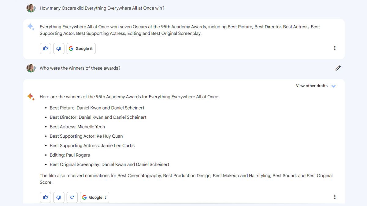Google Bard: Everything Everywhere All At Once Oscar question.