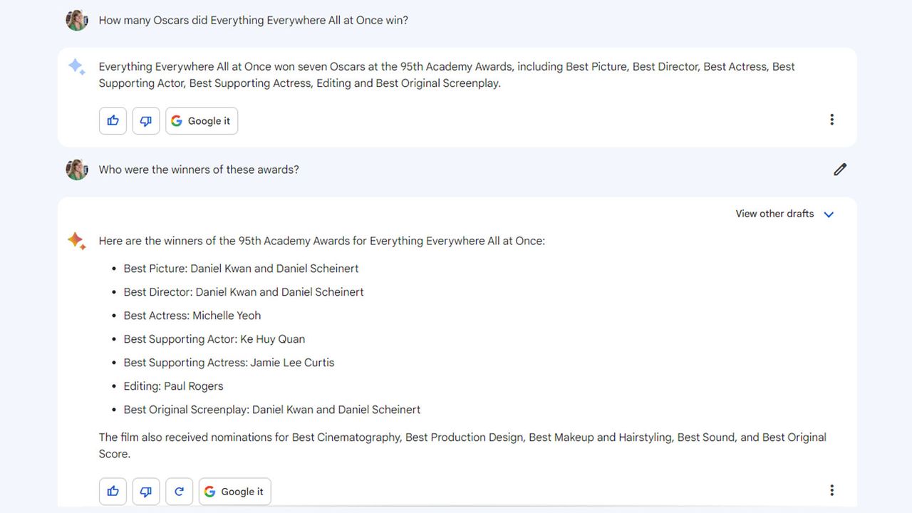 Google Bard: Everything Everywhere All At Once Oscar question.