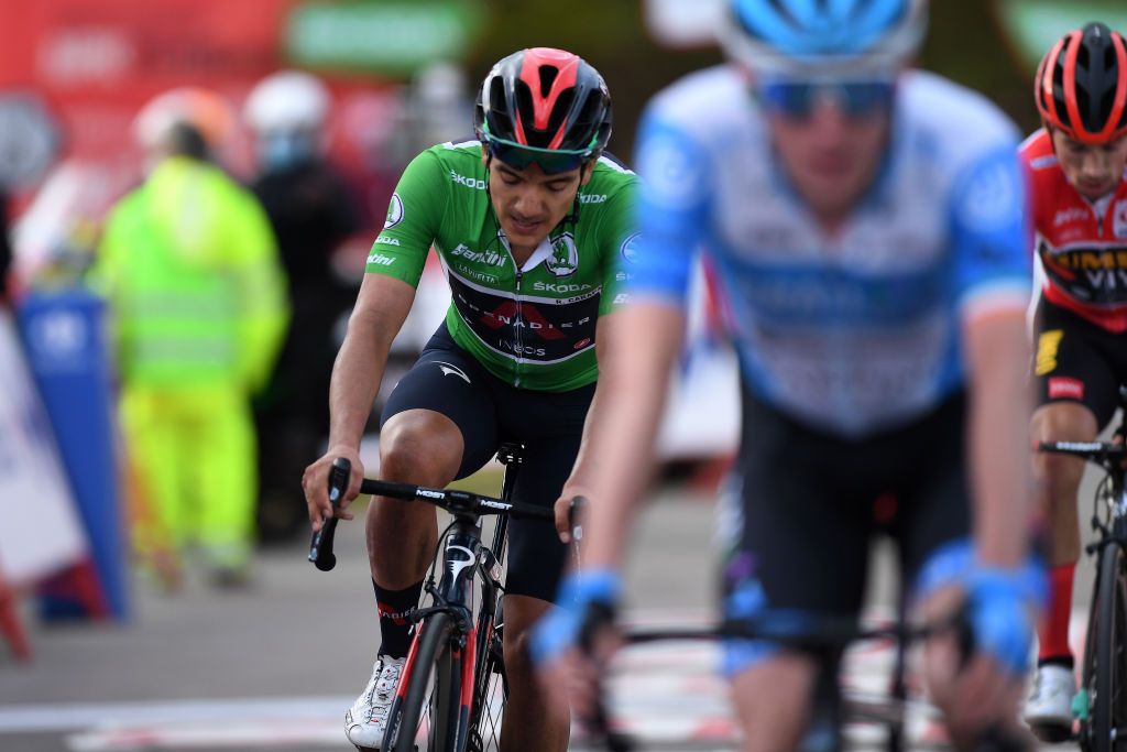 ALTO DE LA FARRAPONA LAGOS DE SOMIEDO SPAIN OCTOBER 31 Arrival Richard Carapaz of Ecuador and Team INEOS Grenadiers Green Points Jersey Primoz Roglic of Slovenia and Team Jumbo Visma Red Leader Jersey during the 75th Tour of Spain 2020 Stage 11 a 170km stage from Villaviciosa to Alto de La Farrapona Lagos de Somiedo 1708m lavuelta LaVuelta20 La Vuelta on October 31 2020 in Alto de La Farrapona Lagos de Somiedo Spain Photo by David RamosGetty Images