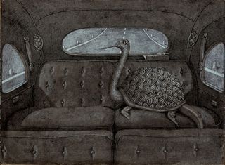 drawing of ostrich in a car