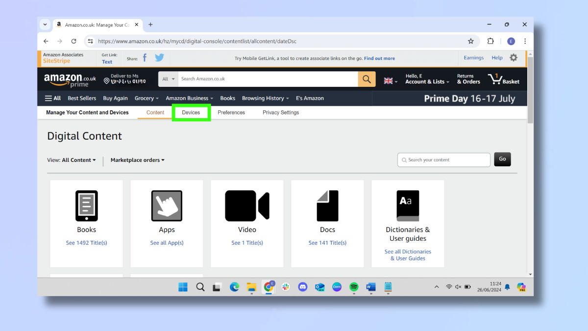 Screenshot showing how to find Kindle email address - Select Devices