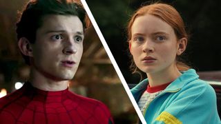 A collage of Tom Holland's unmasked Spider-Man and Sadie Sink's Max in Stranger Things season 4