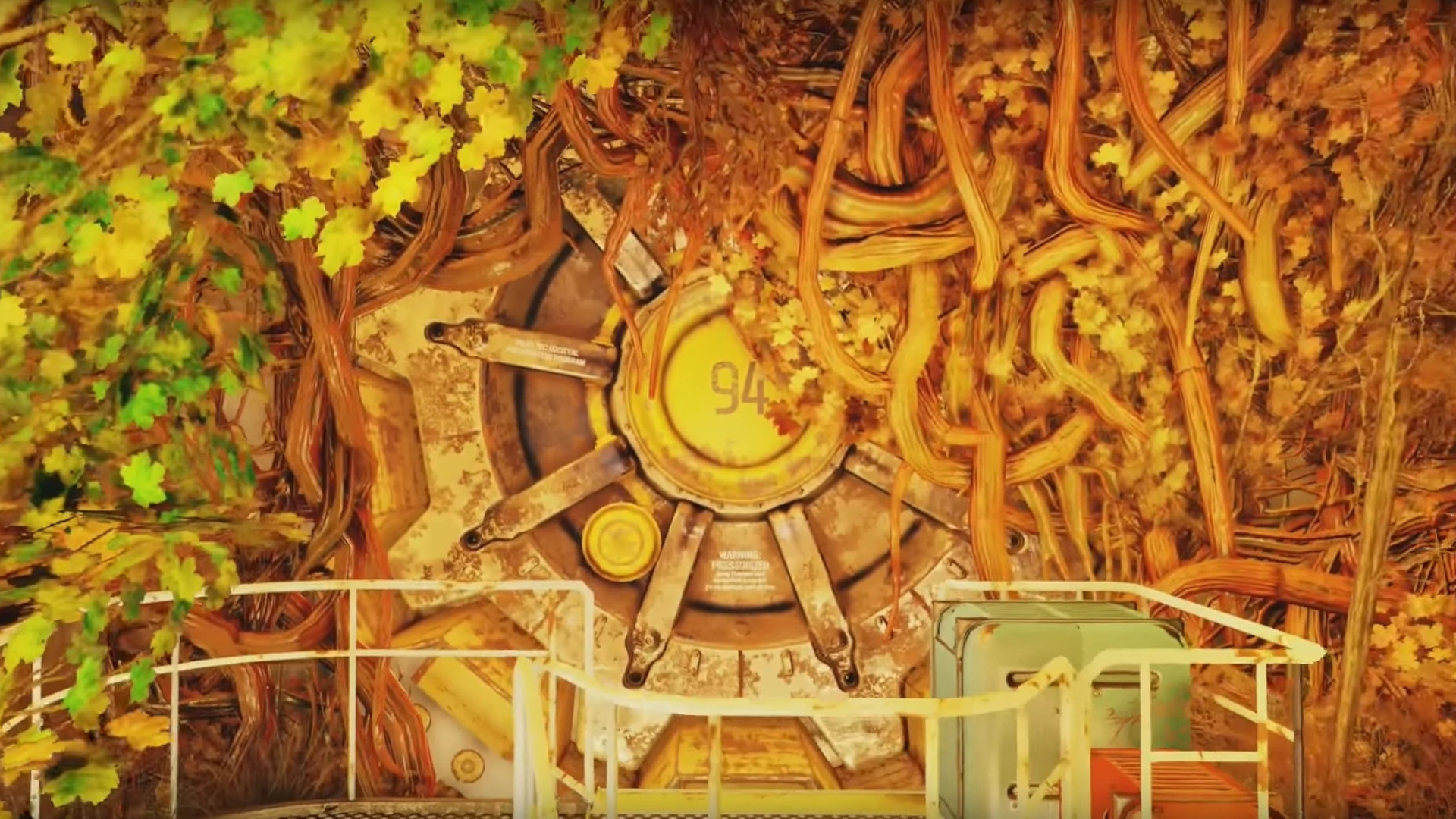 The entrance to Vault 94 covered in vines during Fallout 76.