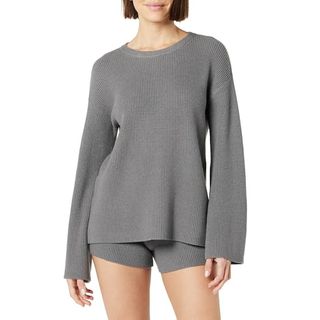 The Drop Women's Alice Crew-Neck Back-Slit Ribbed Pullover Sweater, Charcoal, M