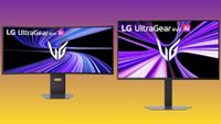 Two new LG gaming monitors on a yellow and purple gradient