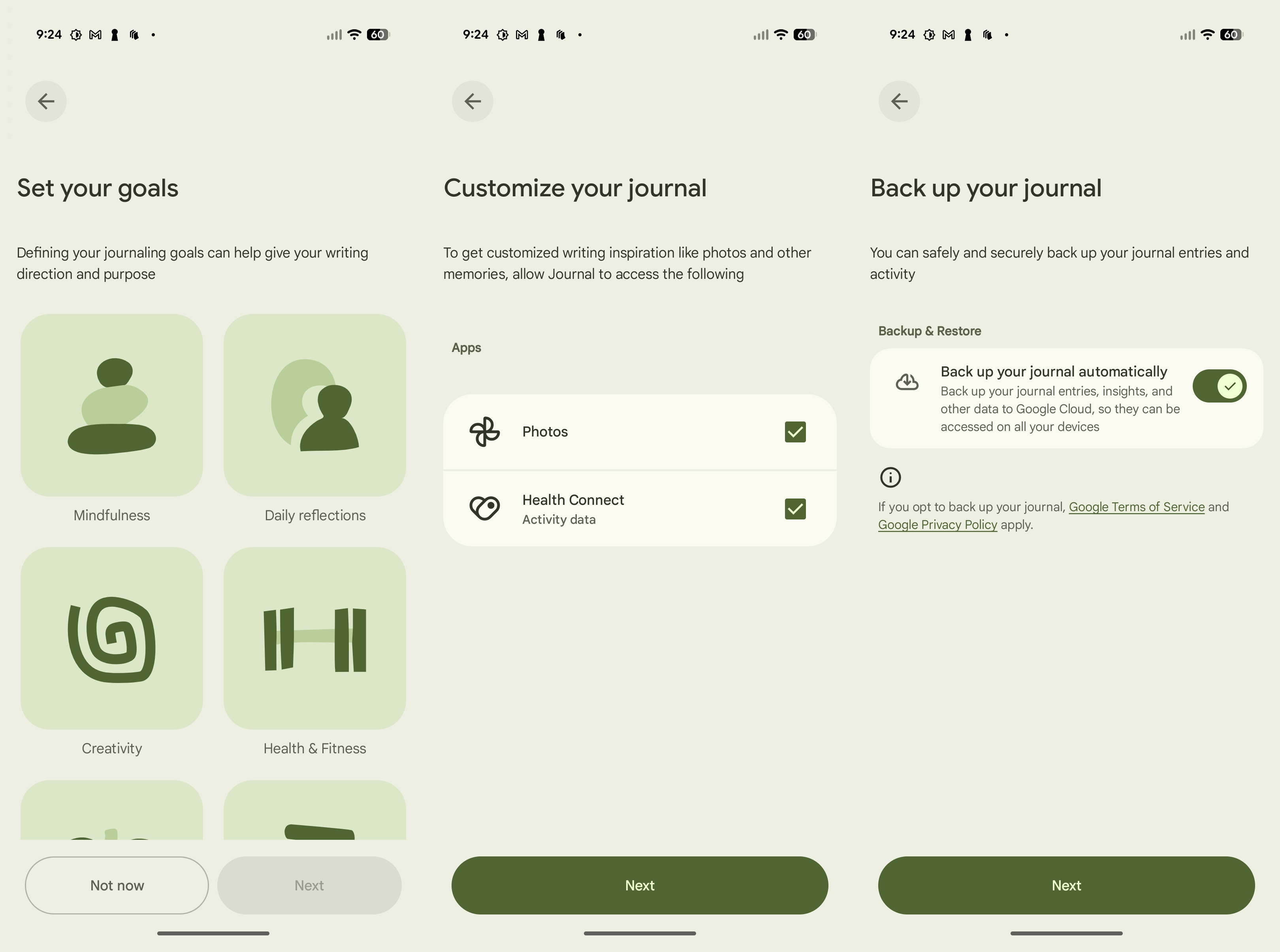 Google Pixel Journal app set up on Pixel 10