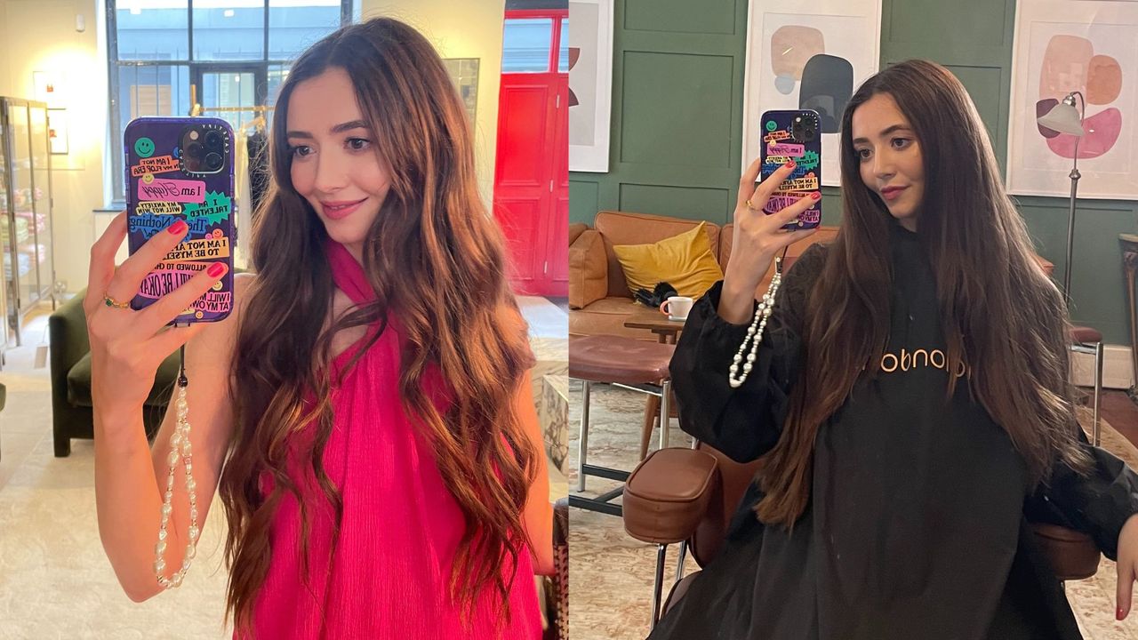 Dionne Brighton in the chair getting a concave haircut on the left, taking a selfie of the result. On the right, beauty writer Dionne Brighton after concave cut has been completed and styled into mermaid like waves, smiling and happy at the result.