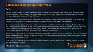 Ubisoft message on XP cheating in The Division 2