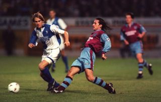 Bristol Rovers in action against West Ham in the Coca-Cola Cup in September 1995.