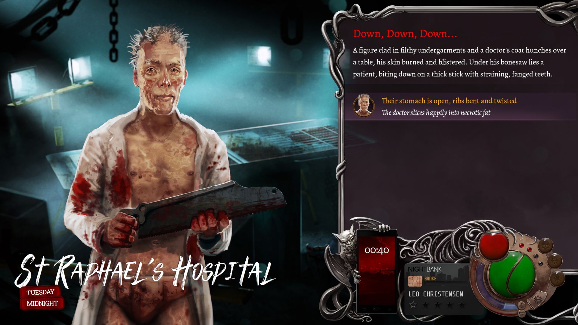 A vampiric doctor in his underwear and a lab coat holds a bonesaw