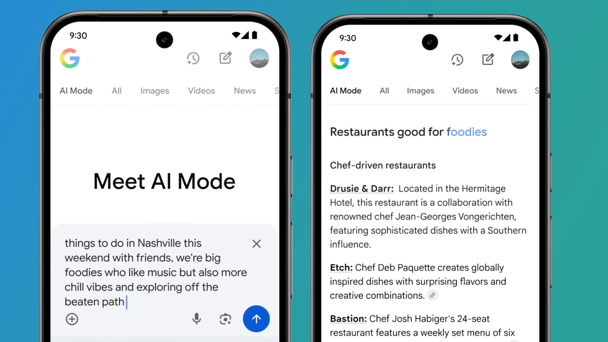 Two phones on a blue and green background showing Google's AI Mode