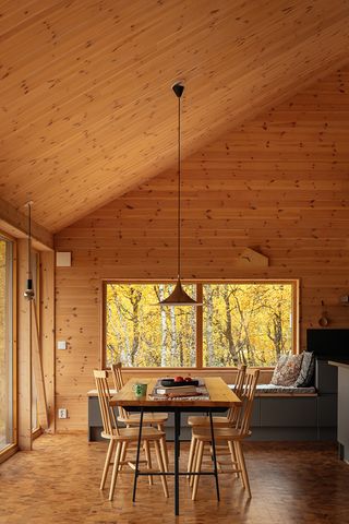 timber-lined interior of hat house in sweden