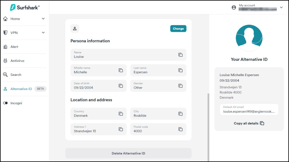interface de Surfshark Alternative ID