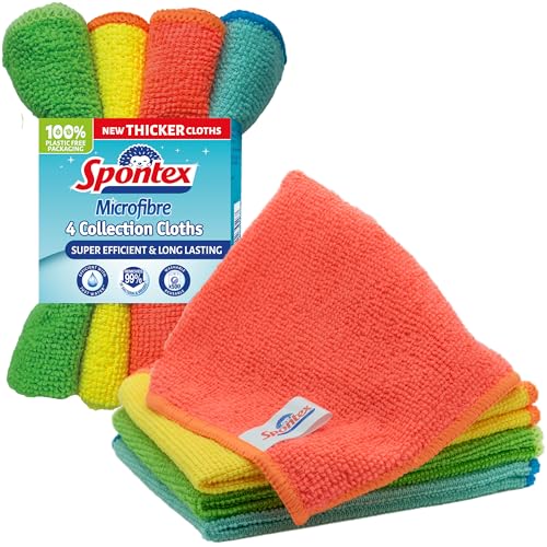 Spontex Microfibre Cloths for Cleaning | 4 Microfibre Collection Cleaning Cloths | for Use as Dusters, Dish Cloths &amp;amp; Kitchen Towels | 30 X 30cm | Assorted Colours | 4 Count