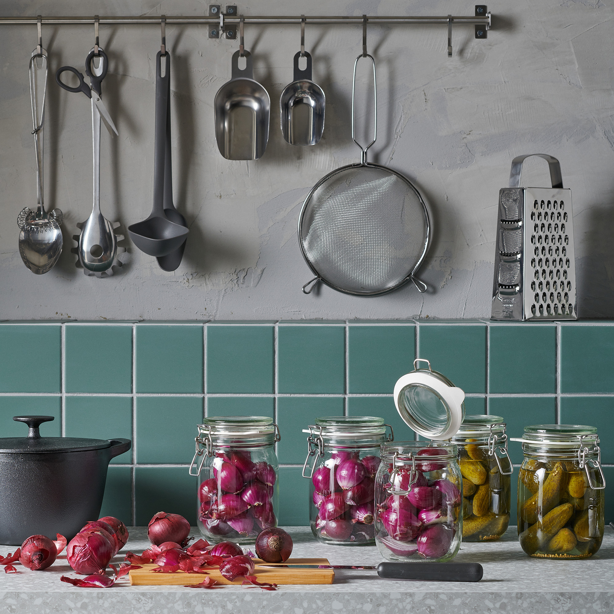 IKEA kitchen with stainless steel pole
